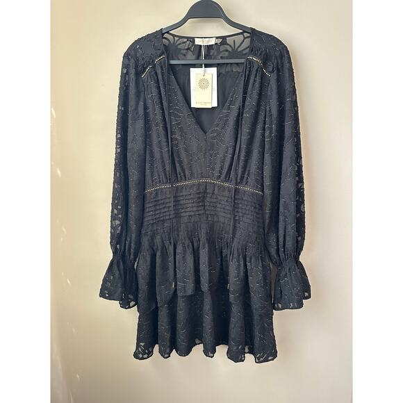 $445 Ramy Brook Wells Dress Sz 8 Black Long Sleeves Mini Gold Details NEW - Picture 1 of 9